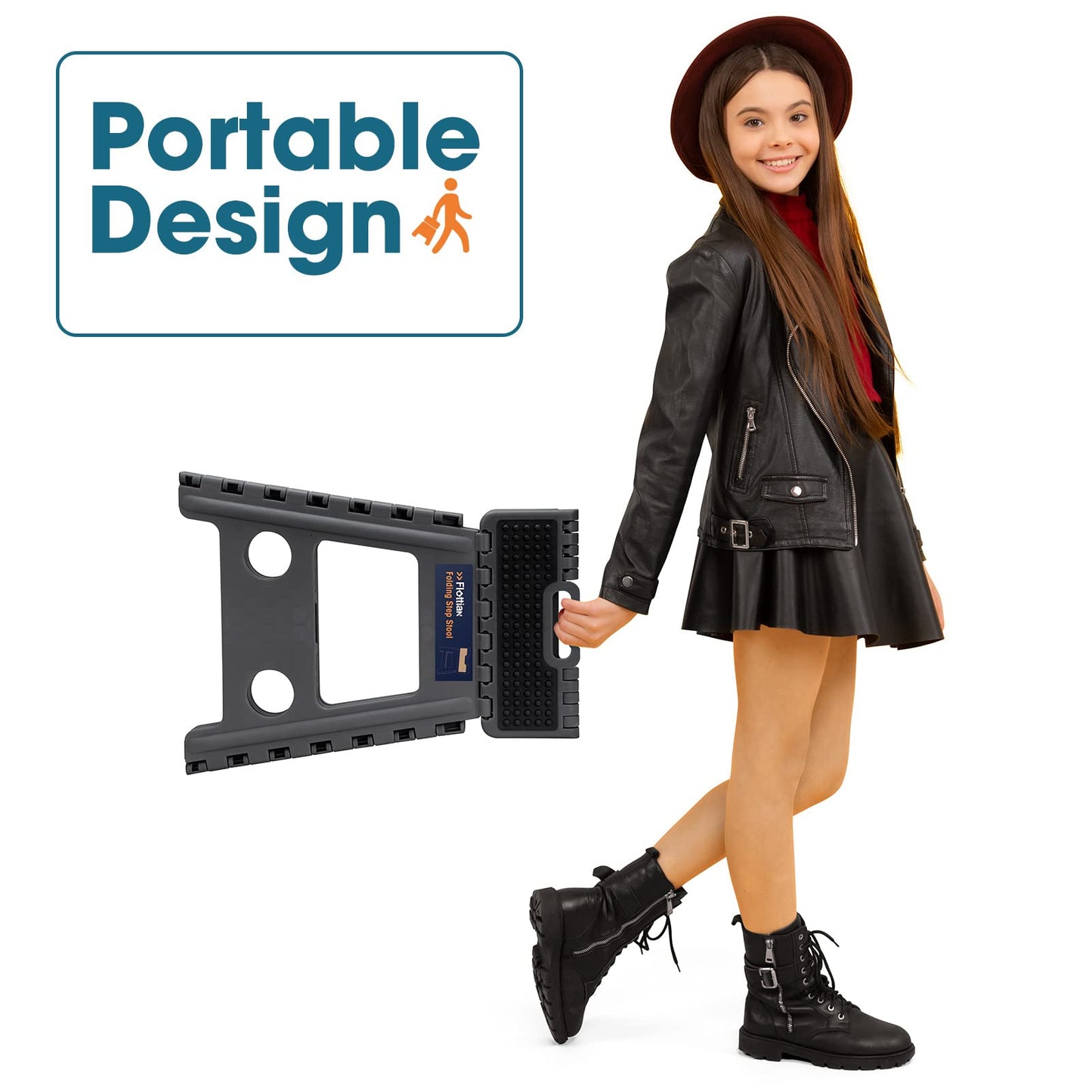 Flottian 16" Folding Step Stool for Adults and Kids Holds Up to 300 lbs,Non-Slip Folding Stools with Handle, Compact Plastic Foldable Step Stool for Bathroom,Bedroom, Kitchen, Gray,1PC