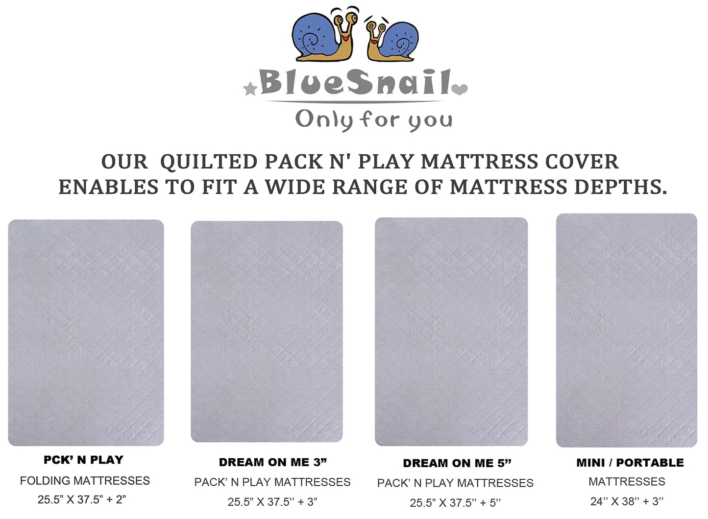 BlueSnail Quilted Waterproof Pack N Play Mattress Fitted Cover for Tollder, Portable Mini Crib Sheet, Comfortable and Breathable Playard Sheet (Light Grey)