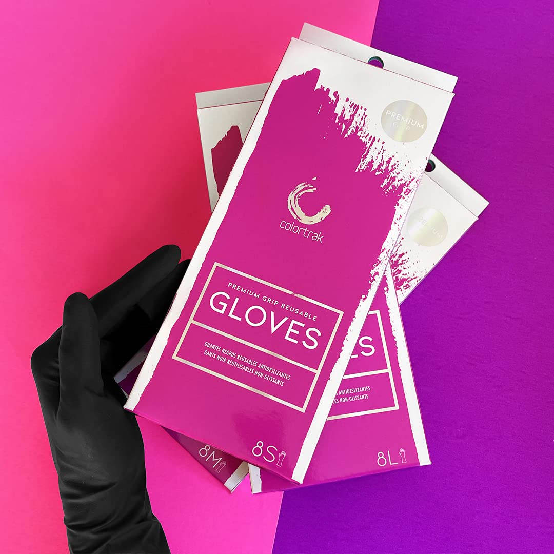 Colortrak Premium Grip Reusable Gloves, 4 Pairs (8 Gloves Total), Powder Free Latex, Durable and Chemical Resistant, Textured for Better Grip, Extra Long Cuff, Washable, Black, Large,