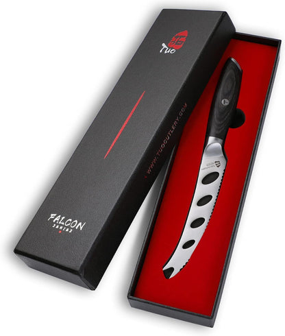 TUO Cheese Knife, 5" Cheese Knives Slicer for Block Cheese, Serrated Tomato Knife, Forked Tips & Non-Stick Blade, High Carbon German Steel, Ergonomic Pakkawood Handle with Gift Box, Falcon Series