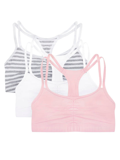 Fruit of The Loom Womens Spaghetti Strap Cotton Pull Over 3 Pack Sports Bra, Skinny Stripe/White/Blushing Rose, 40