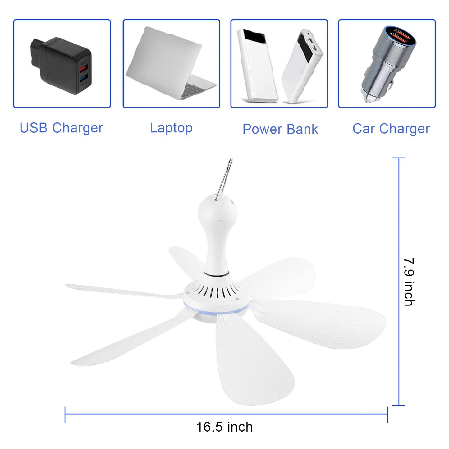 Silent USB Powered Ceiling Fan with Remote Control Timing 4 Speed, Quiet Small DC Plug in Ceiling Fan Hanging Fan for Camping Bed RV Tent Canopy Room