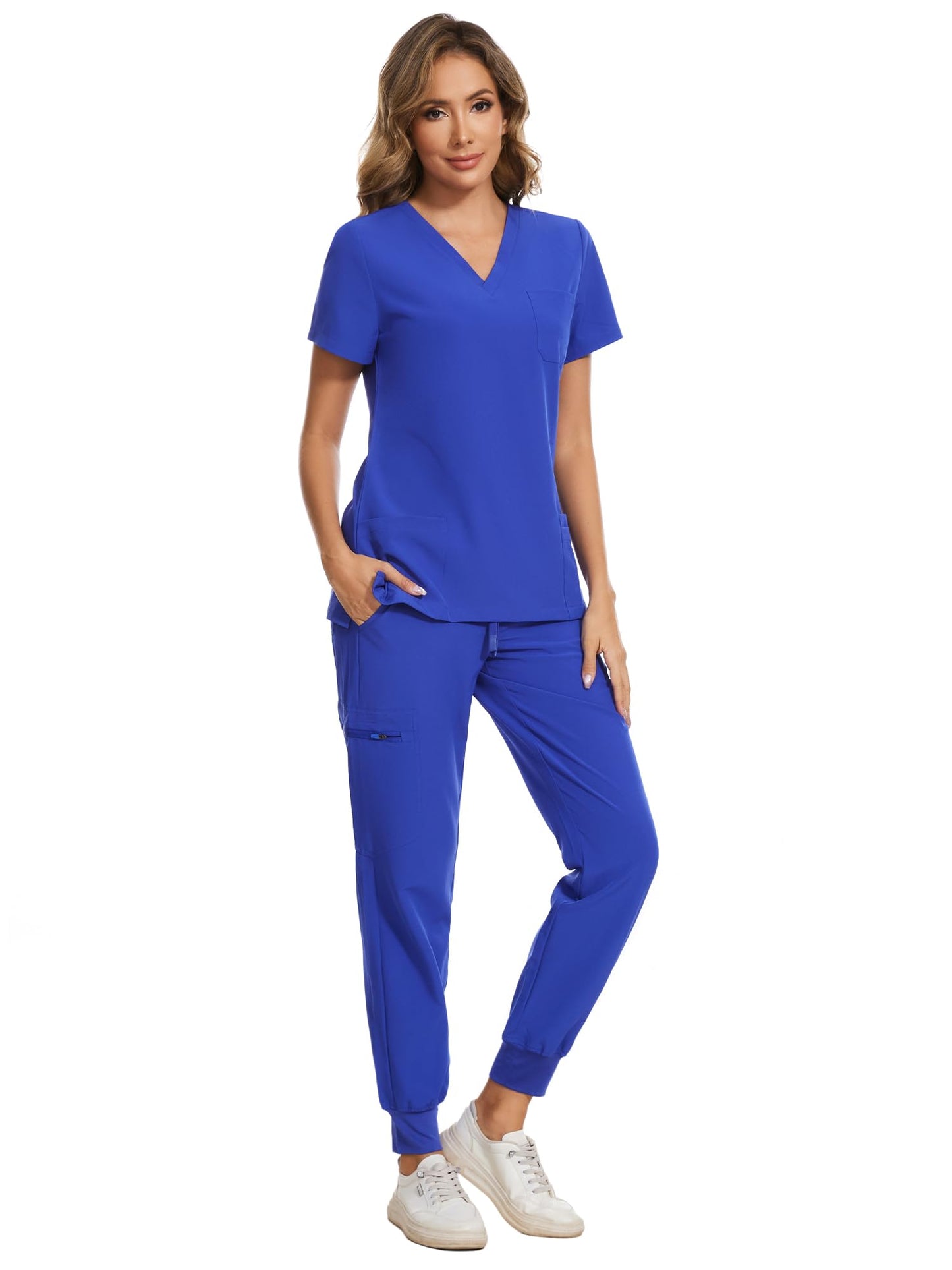 COZYFIT Women's Scrubs Set - Stretch V-Neck Top & Jogger Pant with 8 Pockets, Yoga Waistband, Anti Wrinkle, Slim Fit - Blueberry, XS, Tall