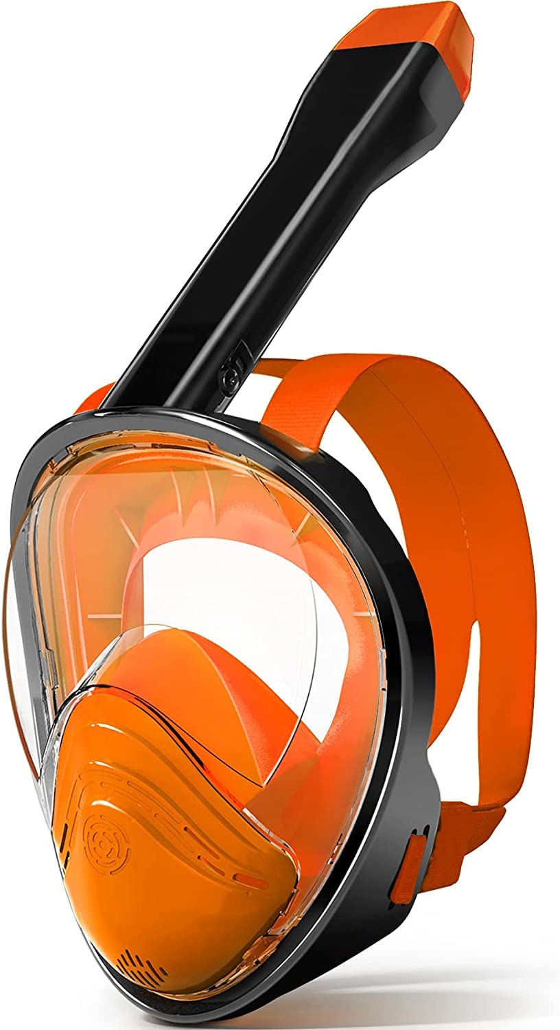 Relity Full Face Snorkel Mask with Upgraded Breathing System, Foldable 180° Panoramic View Anti-Leak Anti-Fog Snorkeling Gear for Adults with Detacha (Orange, Large-X-Large)