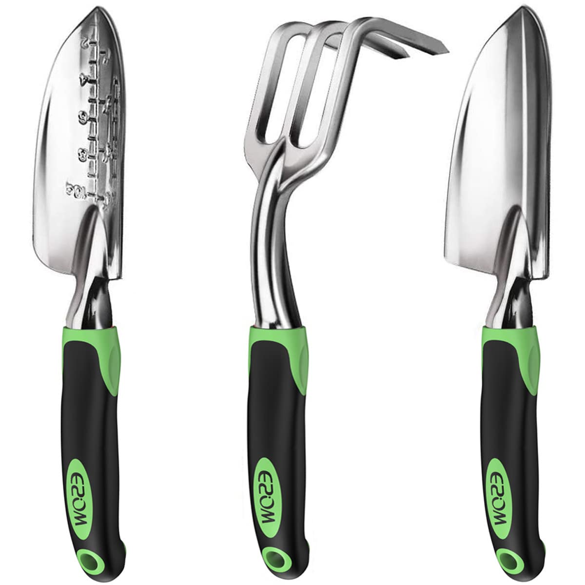 ESOW Garden Tool Set, 3 Piece Cast-Aluminum Heavy Duty Gardening Kit Includes Hand Trowel, Transplant Trowel and Cultivator Hand Rake with Soft Rubberized Non-Slip Ergonomic Handle, Garden Gifts