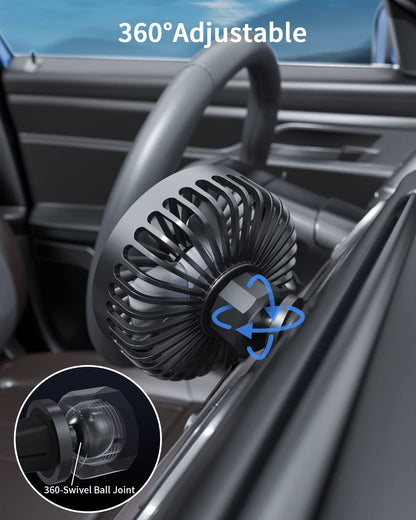 TriPole Car Fan USB Powered - Powerful 3 Speed, Portable Cooling Clip Fan for Car Vent, Quiet Brushless Motor, 360 Degree Rotatable, Air Circulation for Vehicle, Van, Truck, SUV, RV