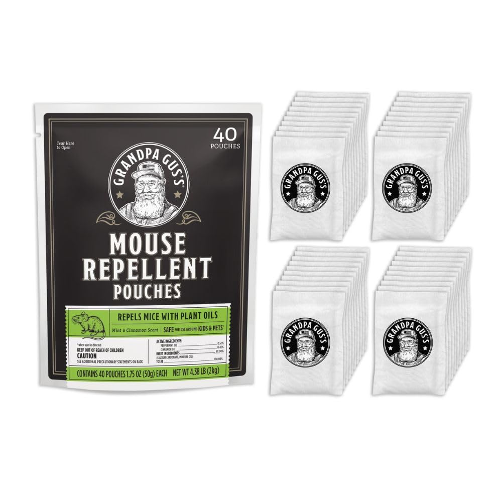 Grandpa Gus's Natural Mouse Repellent Pouches, Cinnamon/Peppermint Oils Repel Mice from Nesting & Freshen Air in Home/Cabin/Boat/Car/Storage/RV/Machinery/Shed, 1.75 Oz (40 Pouches)