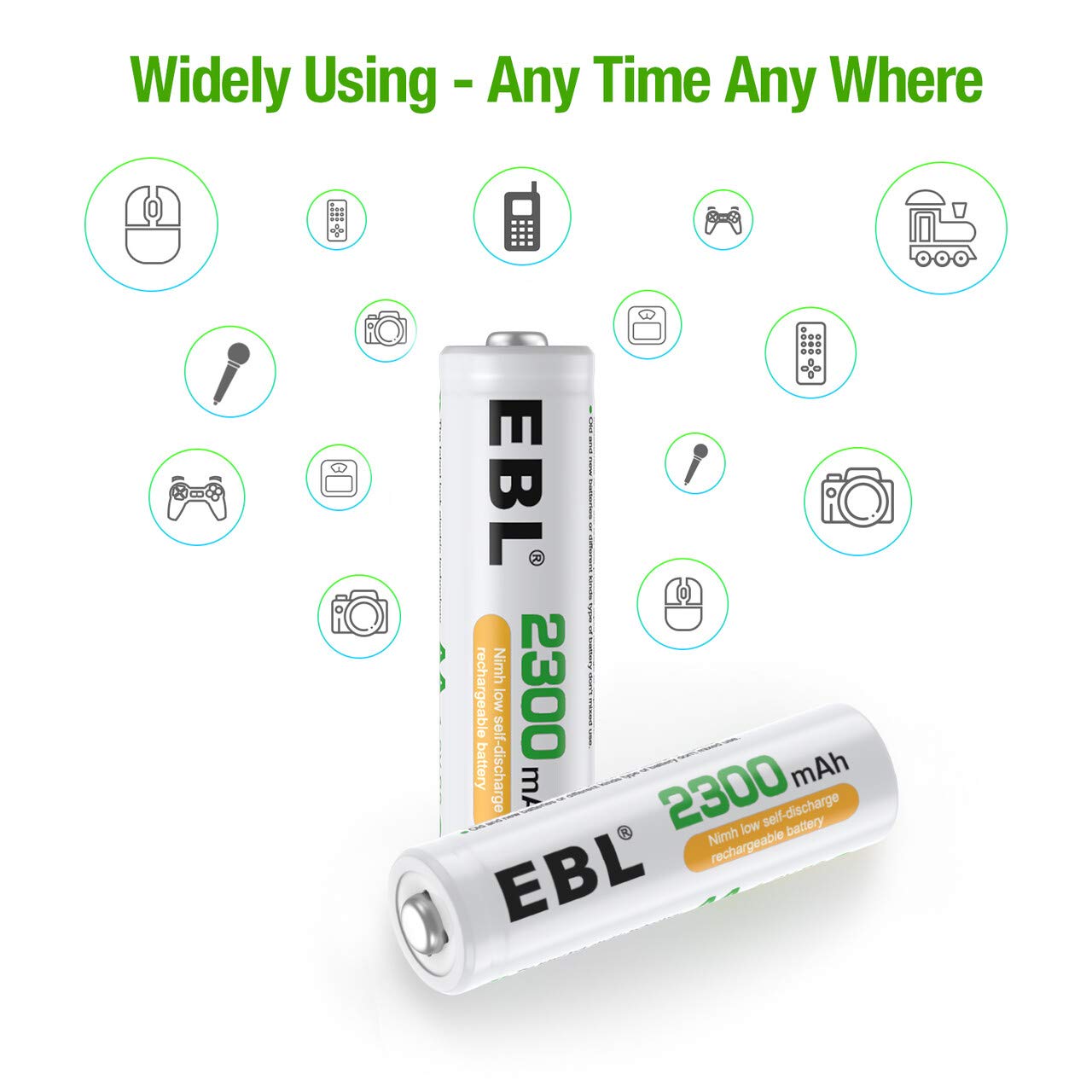 EBL Pack of 16 AA Batteries Rechargeable NiMH 2300mAh Everyday Battery