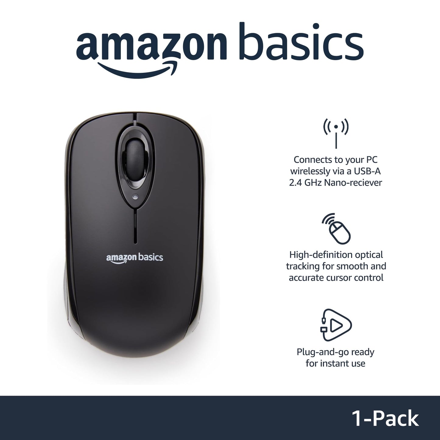 Amazon Basics 2.4 Ghz Wireless Optical Computer Mouse with USB Nano Receiver, Black