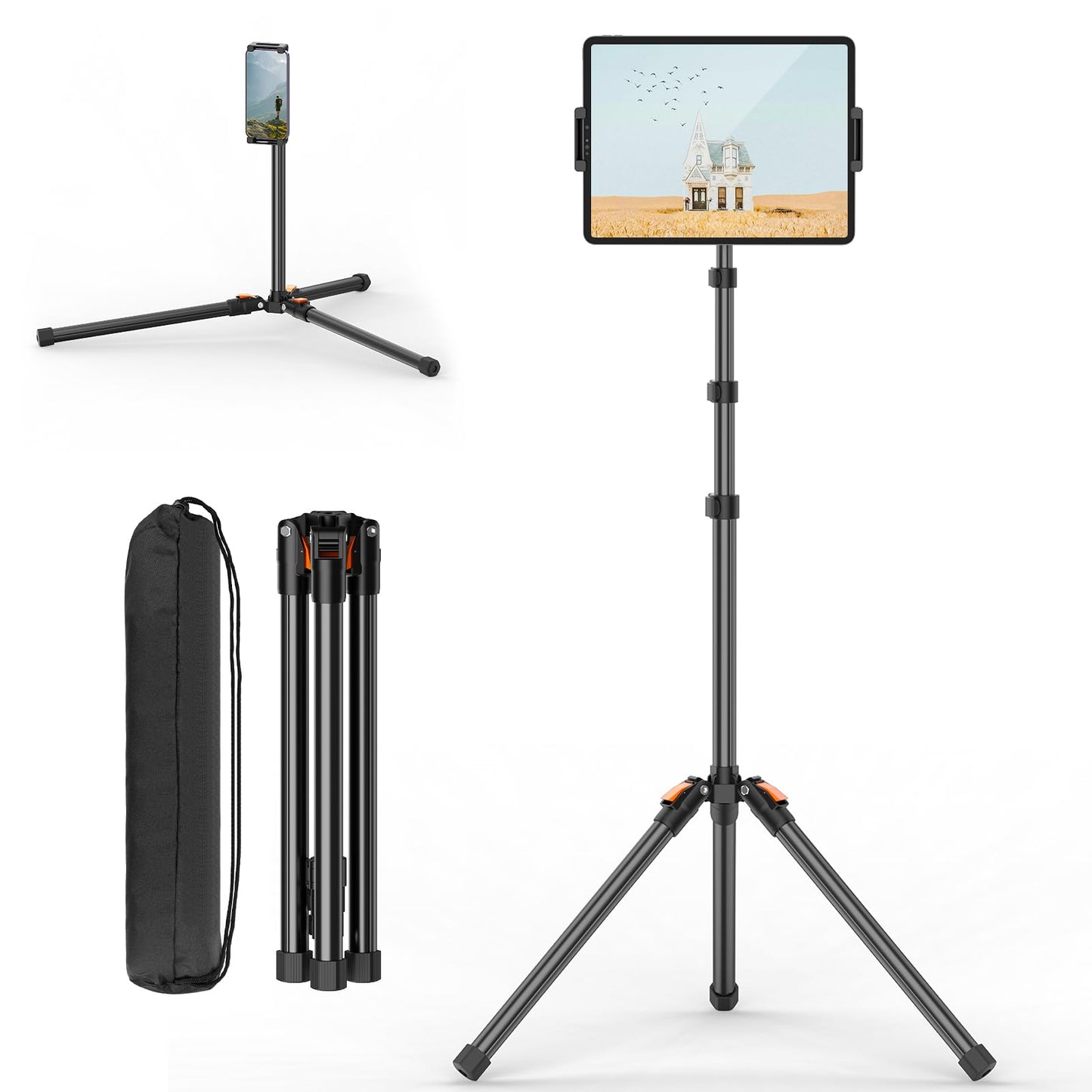 XXZU 72in Tablet Floor Stand Tripod,Tablet Stand Floor with 360° Ball Head,Height Adjustable Floor Stand Holder with Case,Tall Tripod for Phone/Music/Stream/Recording and All 4.7-13” Devices