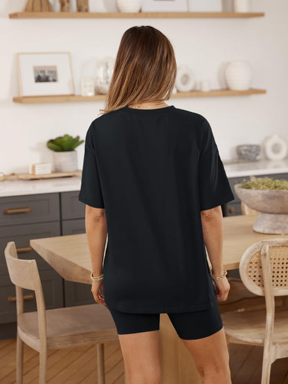 AUTOMET Women Workout 2 Piece Sets Summer Outfits 2025 Fashion Two Piece Lounge Set Matching Clothing Oversized Shirts Biker Short Tracksuit Black L