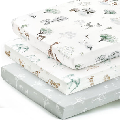 Stretchy Ultra Soft Jersey Knit Pack n Play Sheets Set 3 Pack, Portable/Mini Crib Sheets for Girls and Boys, Universal Fit for Pack N Plays Safe and Snug, Stylish African Savannah Animals Pattern