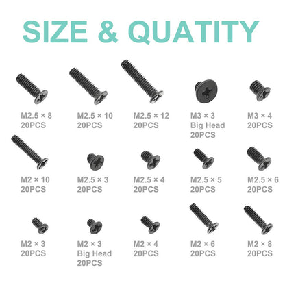 QTEATAK 300Pcs Black Laptop Notebook Computer Replacement Screws Kit for Lenovo Toshiba Gateway Samsung HP IBM Dell Sony Acer Asus SSD Hard Disk SATA