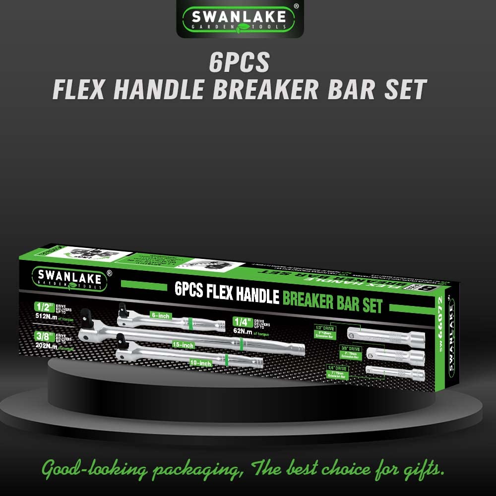 SWANLAKE 6PC Breaker Bar Set,1/4", 3/8" & 1/2" Drive,Heavy Duty Breaker Bars, 6-inch, 10-inch, 15-inch Length with 180° Rotatable Head