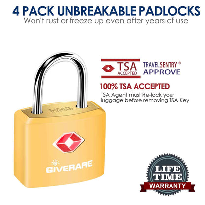 4 Pack TSA Approved Travel Luggage Locks with Keys, Solid Brass Copper Keyed Padlock, ABS Plastic Covered Small Locks for Suitcase, Backpack, Gym Locker, Jewelry Box-by GIVERARE