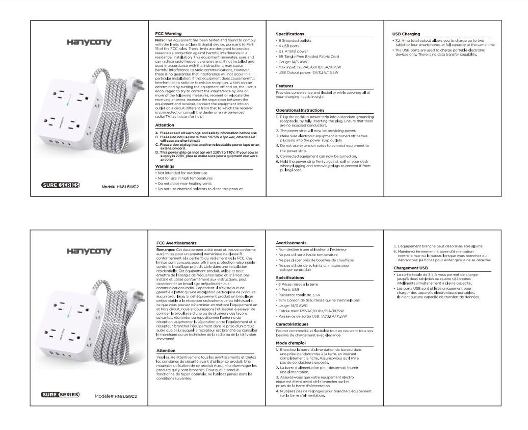 Surge Protector Power Strip - HANYCONY 8 Outlets 4 USB (2 USB C) Charging Ports, Multi Plug Outlet Extender, 5Ft Braided Extension Cord, Flat Plug Wall Mount Desk Charging Station for Home Office ETL