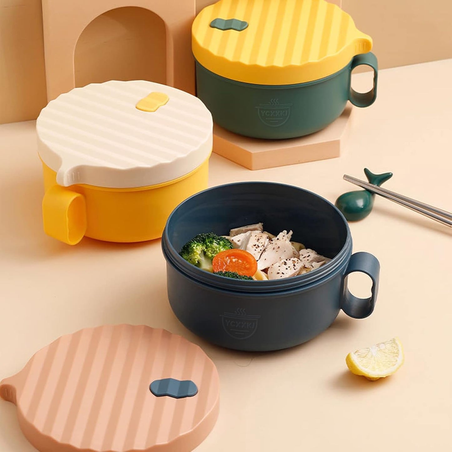 YCXXKJ Microwave Ramen Bowl Ramen Cooker with Handles Noodle Bowls with Lid and Chopsticks Dishwasher Safe for Home Office College Dorm Room(Pink & Blue)