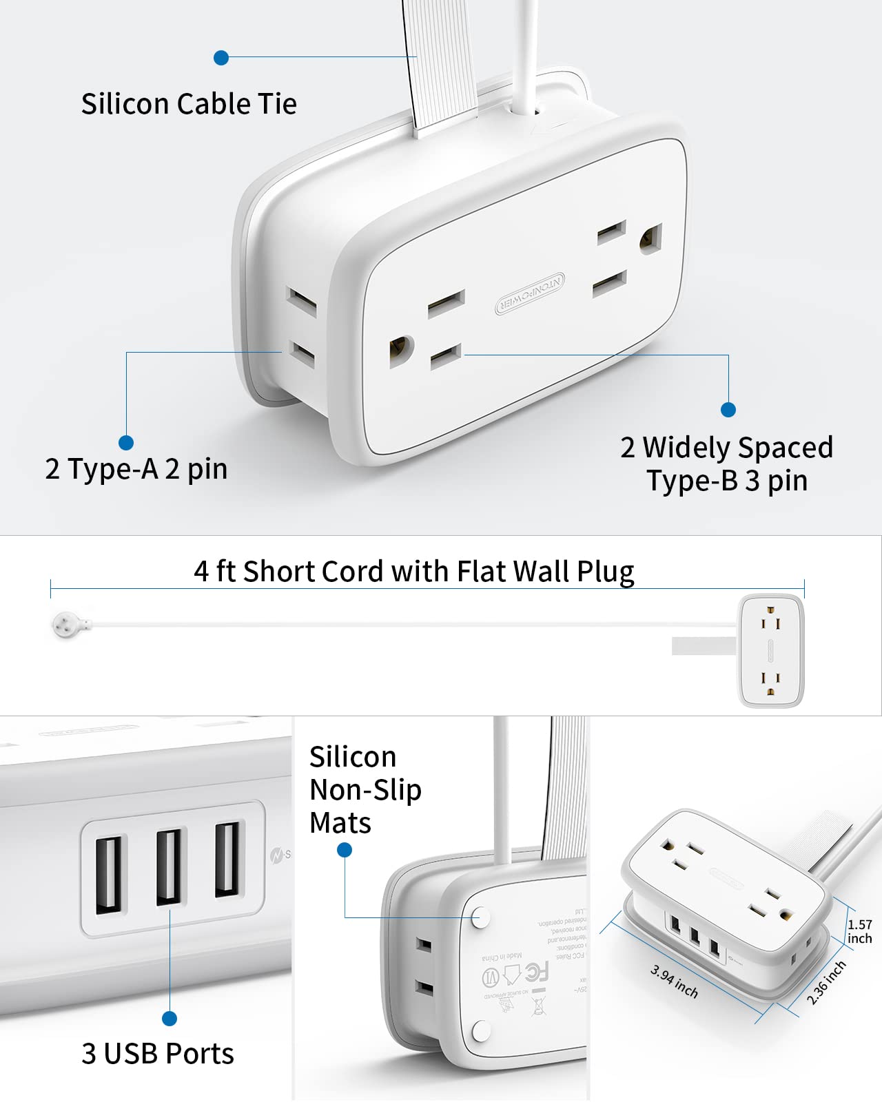 Travel Power Strip with USB 2 Pack, NTONPOWER 4 Outlets and 3 USB with 4Ft Short Extension Cord, Small Portable Desktop Charging Station for Cruise Ship, Home Office, White