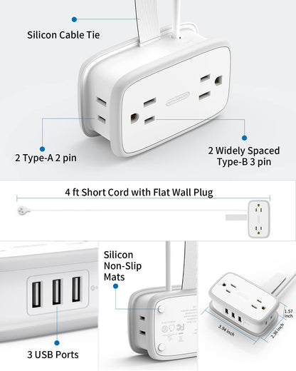 Travel Power Strip with USB 2 Pack, NTONPOWER 4 Outlets and 3 USB with 4Ft Short Extension Cord, Small Portable Desktop Charging Station for Cruise Ship, Home Office, White
