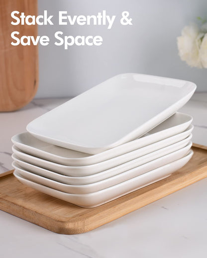 DELLING 8 Inch Rectangular Appetizer Plates, Salad Plates Set, Ceramic Dessert Plates, Small Serving Plates for Salad, Appetizer, Snack, Sushi - Microwave, Oven, and Dishwasher Safe - Set of 6, White