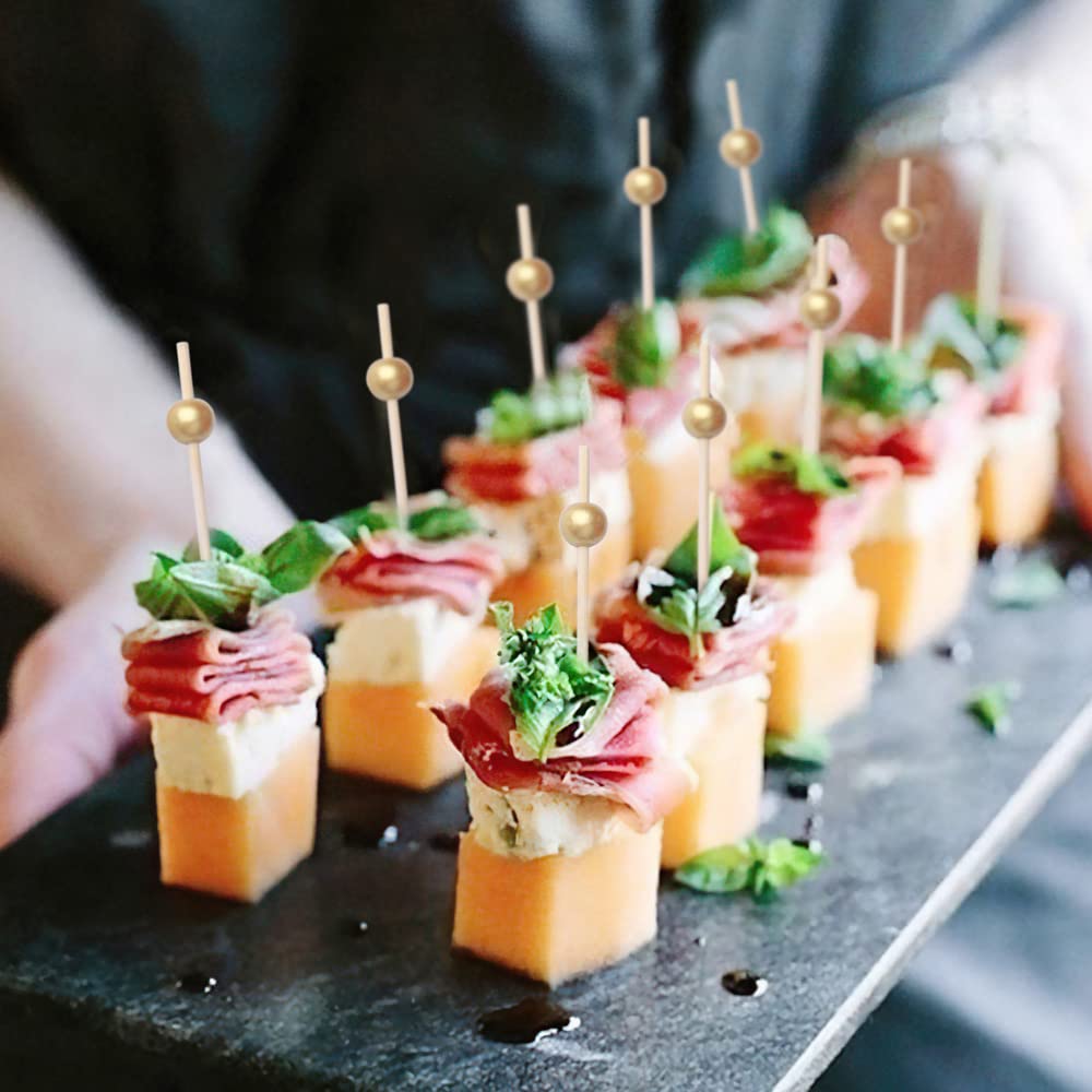 200PCS Cocktail Picks, Fancy Toothpicks for Appetizers, Decorative Bamboo Skewers for Appetizers Drinks Fruit, 4.7 Inch Long Wooden Gold Pearl Food Sticks Charcuterie Boards Accessories Party Supplies