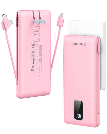 Charmast Portable Charger with Built-in Cables & Wall Plug, 10000mAh Portable Power Bank, External Battery Pack Travel Essentials Compatible with iPhone 16/15/14/13, Samsung, iPad etc