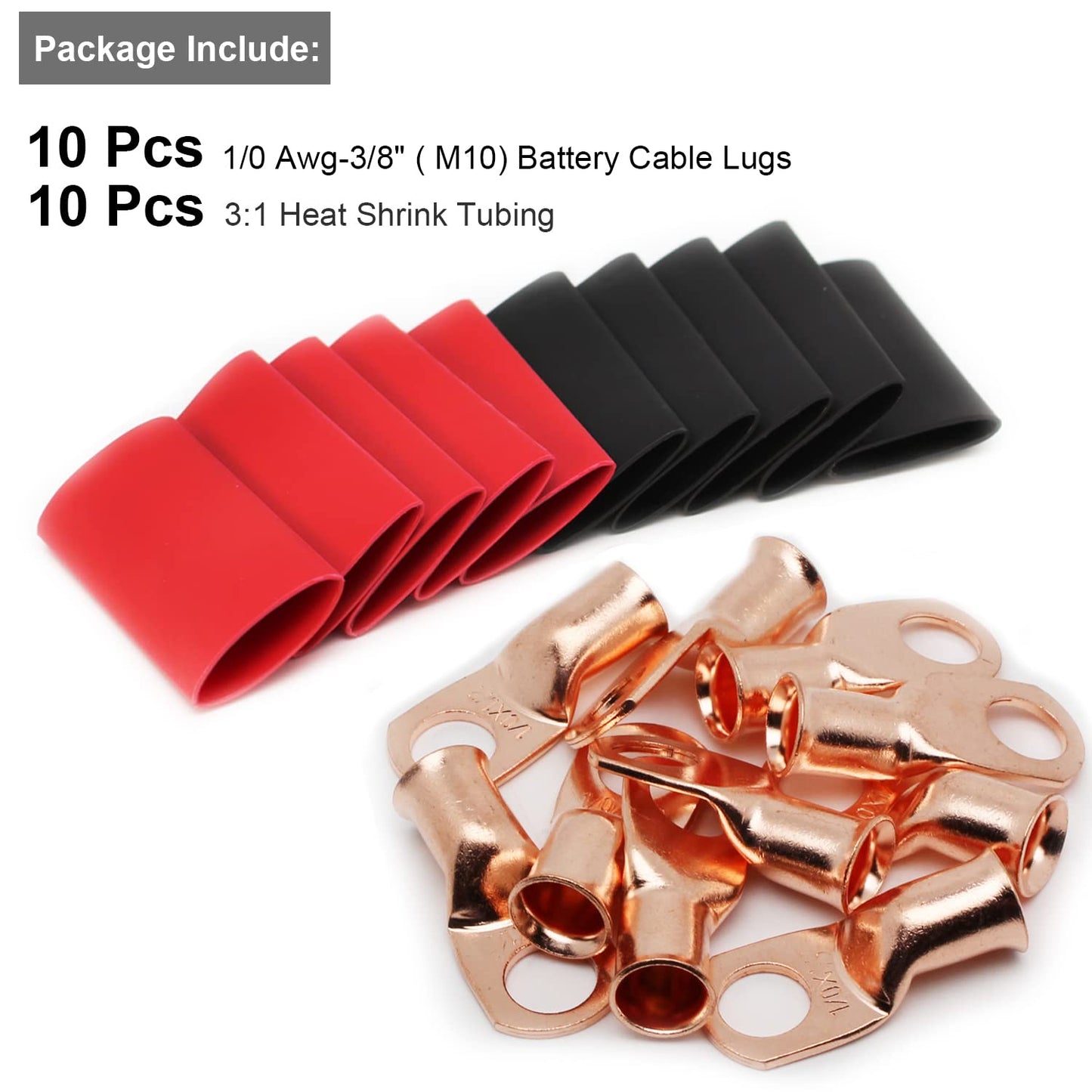 TKDMR 10pcs 1/0 AWG-3/8 Battery Lugs,Heavy Duty Wire Lugs,Ring Terminals,Battery Cable Ends,0 Guage terminals,Battery Terminal Connectors with 10pcs 3:1 Heat Shrink Tubing