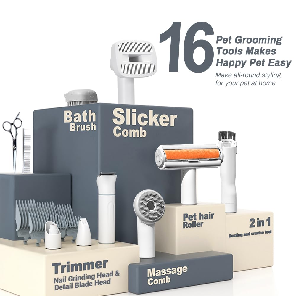 Bunfly Dog Grooming Kit,13000Pa Strong Grooming & Vacuum Suction 99.99% Pet Hair, 16 Pet Grooming Tools for Dogs Cats, 3L Large Capacity Dust Cup, Quiet Pet Vacuum Groomer (Silver & White)