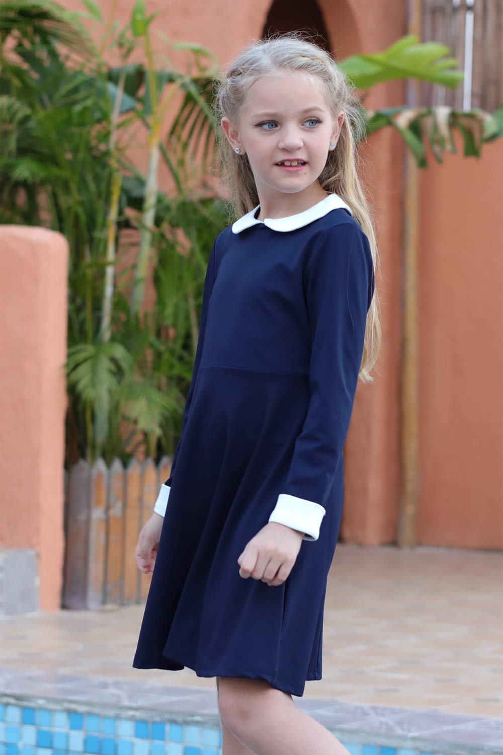 GORLYA Girl's Long Sleeve Casual Vintage Peter Pan Collar Fit and Flare Skater Party Dress with Pockets (GOR1006, 7-8Y, Navy)