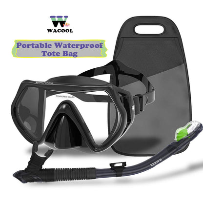 WACOOL Professional Snorkeling Snorkel Diving Scuba Package Set with Anti-Fog Coated Glass Purge Valve and Anti-Splash Silicon Mouth Piece for Men Women (Adults,Black)