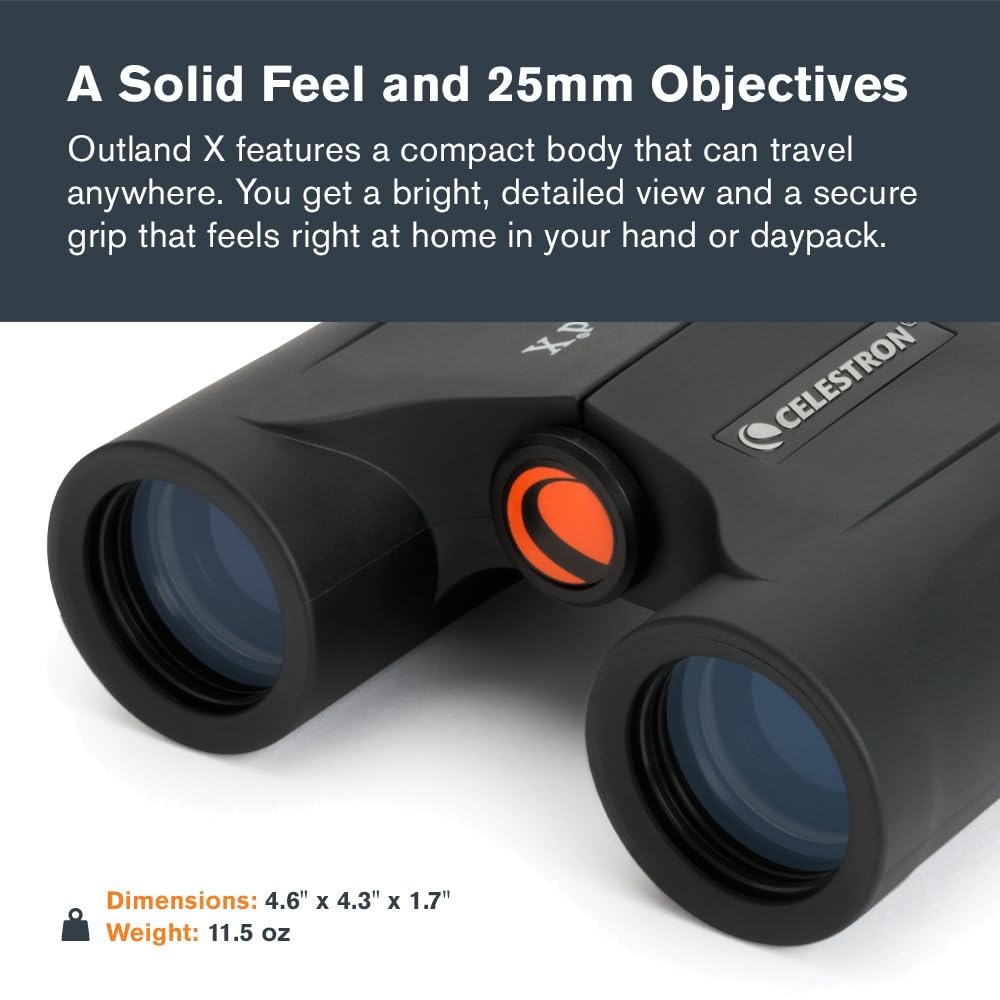 Celestron - Outland X 8x25 Binoculars – Ideal for Birding and Outdoors – 25mm Objective Lenses – Wide 8.2° Field of View – BaK-4 Prisms – Multi-Coated – Waterproof and Fogproof