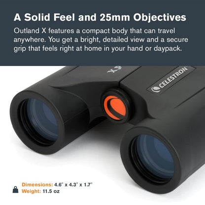Celestron - Outland X 8x25 Binoculars – Ideal for Birding and Outdoors – 25mm Objective Lenses – Wide 8.2° Field of View – BaK-4 Prisms – Multi-Coated – Waterproof and Fogproof