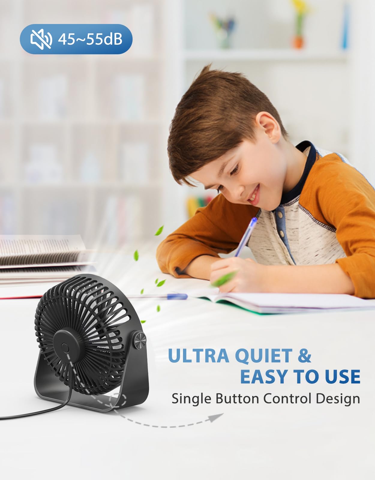 TriPole USB Desk Fan 4.5 Inches Portable Mini Fan Powerful 3 Speeds Wind Personal Desktop Fan with 360° Head Rotation for Home Office Car Indoor Outdoor Black, No Battery