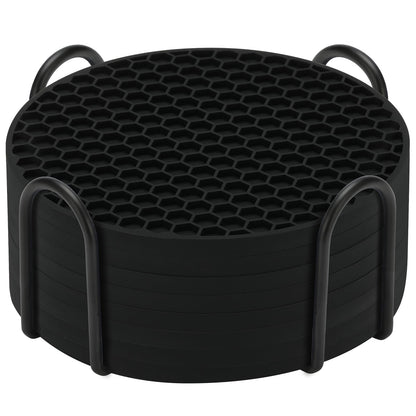 TWTLi Silicone Coasters Set of 8 with Holder,Coasters for Drinks,Beer,Coffee Coasters,Suitable for Kinds Cups,Hot or Cold,Anti-SLI,Non-Stick,Anti-Overflow Tabletop Protection and Decor (8 Pcs, Black)
