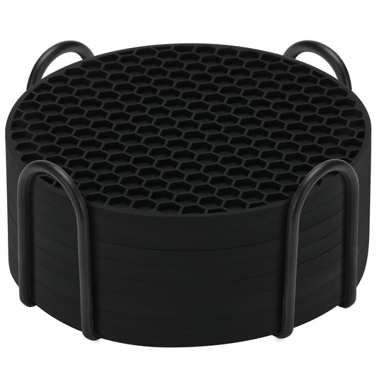 TWTLi Silicone Coasters Set of 8 with Holder,Coasters for Drinks,Beer,Coffee Coasters,Suitable for Kinds Cups,Hot or Cold,Anti-SLI,Non-Stick,Anti-Overflow Tabletop Protection and Decor (8 Pcs, Black)