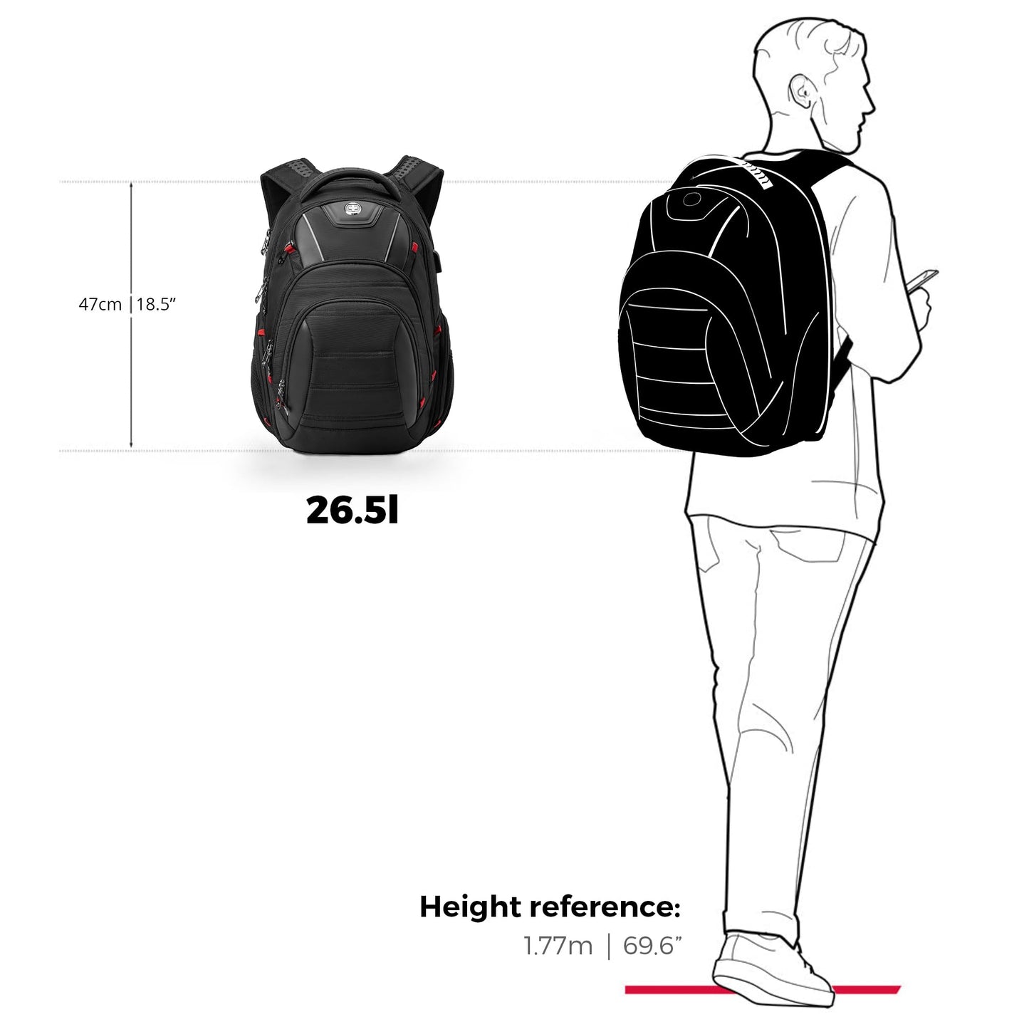 Swissdigital Design Men's Laptop Backpack for College and Business Travel with Integrated USB Charging Port and RFID Protection Fits Laptops up to 15.6 in, Black | J14-BR