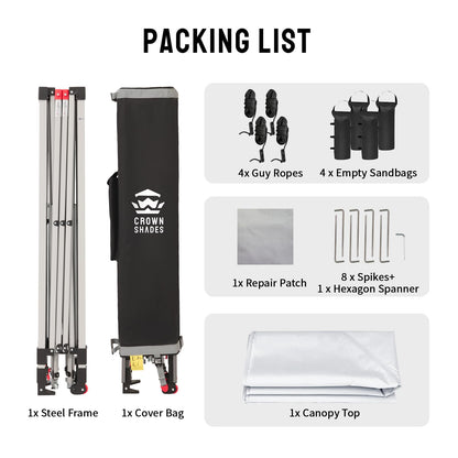 CROWN SHADES 10x10 Pop Up Canopy - Beach Tent with One Push Setup - Easy Outdoor Sun Shade for Events, Parties, Camping - Gazebo with STO-N-Go Cover Bag, Silver Coated Top, Grid White