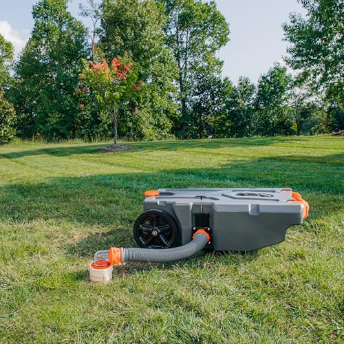 Camco Rhino 36-Gallon Camper/RV Tote Tank - Features Large Heavy-Duty No-Flat Wheels & Built-In Gate Valve - Removable Steel Tow Adapter, 3’ Sewer Hose & More RV Accessories (39006)