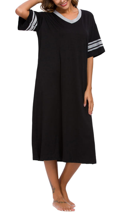 Vslarh Women's Nightgown Long Loungewear Short Sleeve Sleepshirt V Neck Pajama Dress with Pockets S-3XL Black