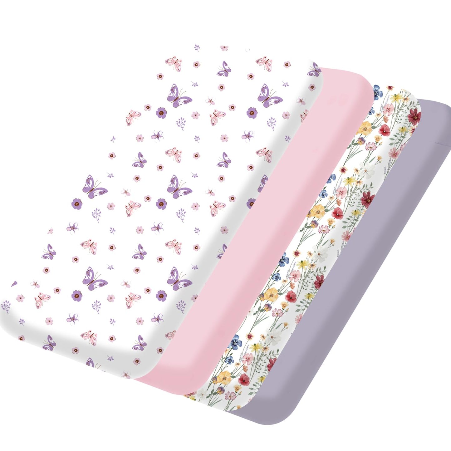 bimocosy Mini Crib Sheets,Pack and Play Sheets for Baby Girl Boy 4 Pack,Size 38"x 26" for Playard Mattress,Portable Mini Crib,Soft Pack N Play Sheets Fitted,Butterfly/Floral/Pink/Purple