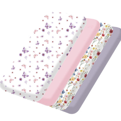 bimocosy Mini Crib Sheets,Pack and Play Sheets for Baby Girl Boy 4 Pack,Size 38"x 26" for Playard Mattress,Portable Mini Crib,Soft Pack N Play Sheets Fitted,Butterfly/Floral/Pink/Purple