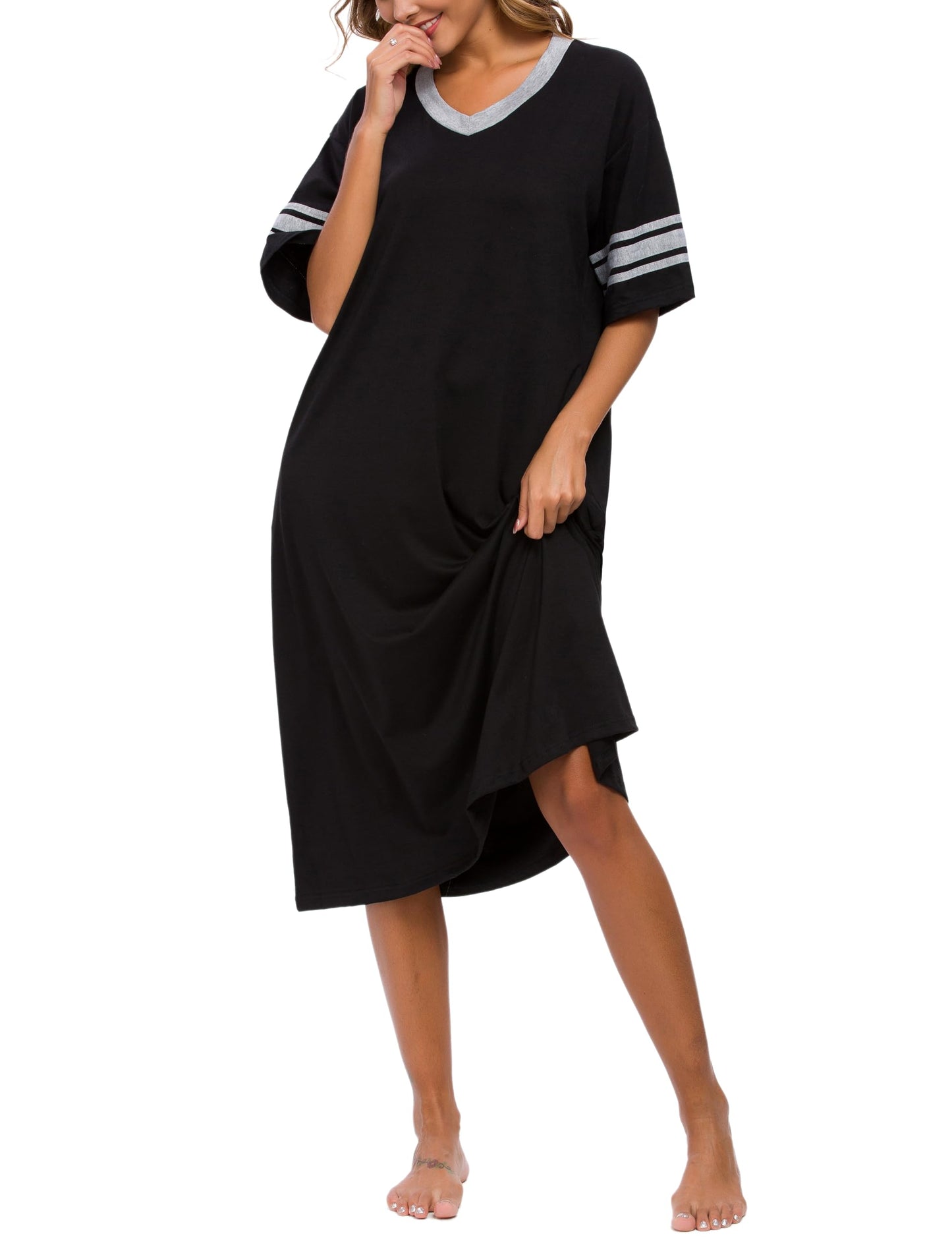 Vslarh Women's Nightgown Long Loungewear Short Sleeve Sleepshirt V Neck Pajama Dress with Pockets S-3XL Black