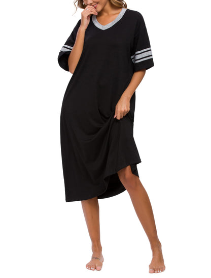 Vslarh Women's Nightgown Long Loungewear Short Sleeve Sleepshirt V Neck Pajama Dress with Pockets S-3XL Black