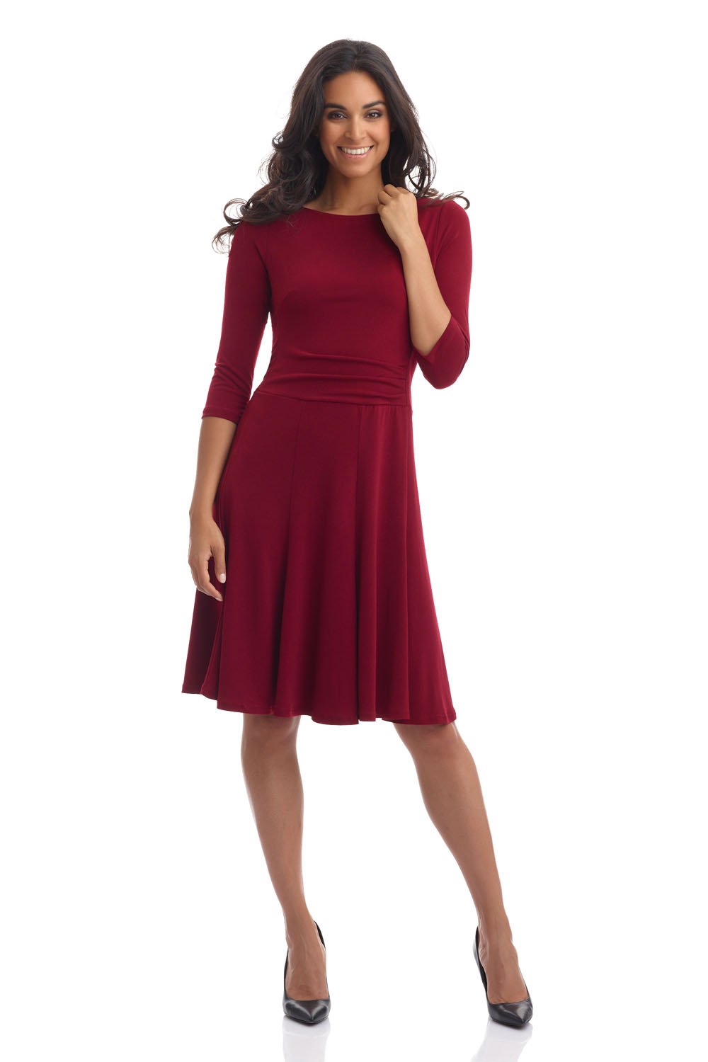 Rekucci Women's Flippy Fit N' Flare Dress with 3/4 Sleeves (6, Burgundy)