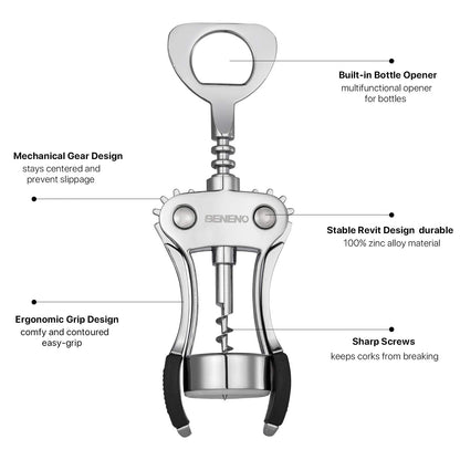 Beneno Wine Opener, Zinc Alloy Premium Wing Corkscrew with Multifunctional Bottles Opener, Sharp Wine Corkscrew with Ergonomic Non-Slip Wing Handle, Upgrade