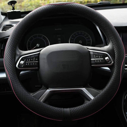 Rueesh Microfiber Leather Steering Wheel Cover Anti-Slip Matte Finish Auto Car Wheel Cover Universal 15 Inch Wheel Cover for Car Embossing Pattern (Pink Line)