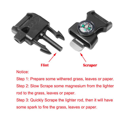 10pcs Pack Black 5/8" Compass Flint Scraper Fire Starter Whistle Buckle Plastic Paracord Bracelet Outdoor Camping Emergency Survival Travel Kits #FLC158-FWC(Black)