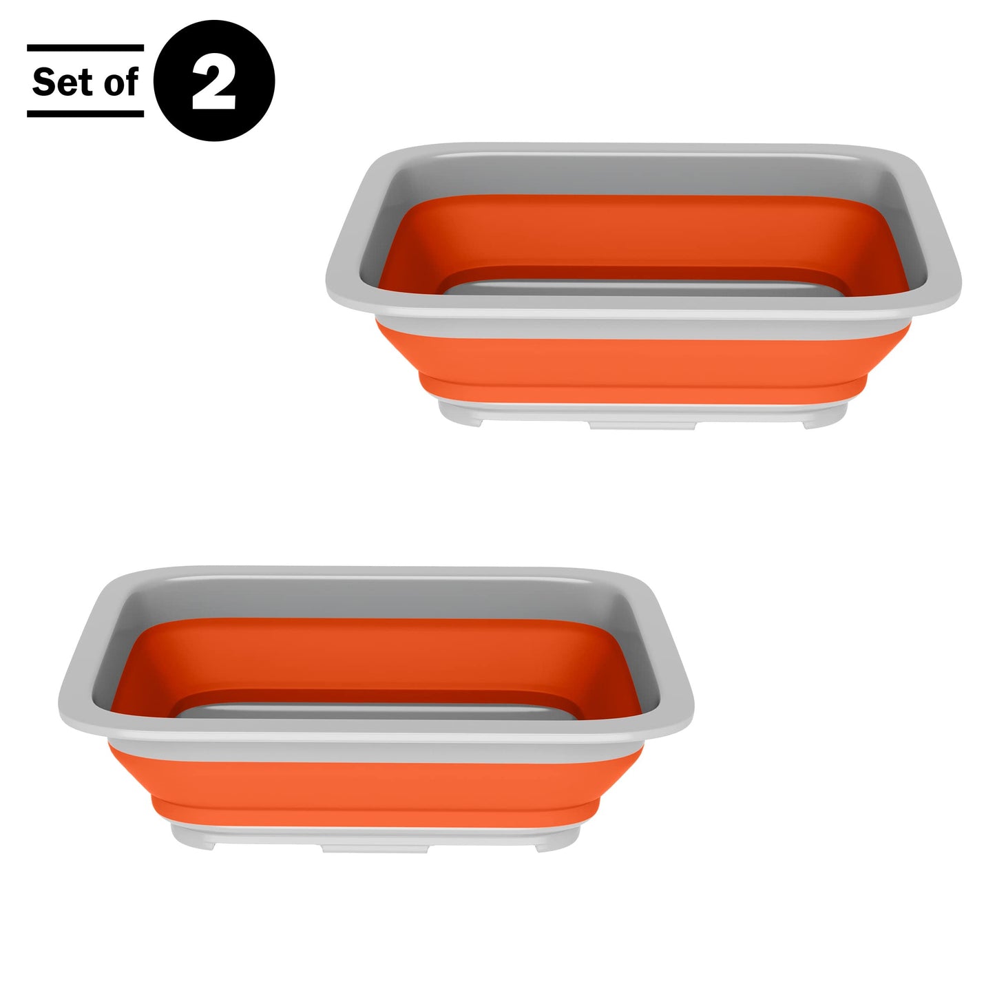 Set of 2 Multipurpose Wash Bins – 10-Liter Basins for Travel or Cleaning – Collapsible Bucket Camping Accessories by Wakeman (Orange)