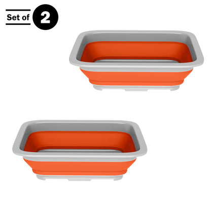 Set of 2 Multipurpose Wash Bins – 10-Liter Basins for Travel or Cleaning – Collapsible Bucket Camping Accessories by Wakeman (Orange)