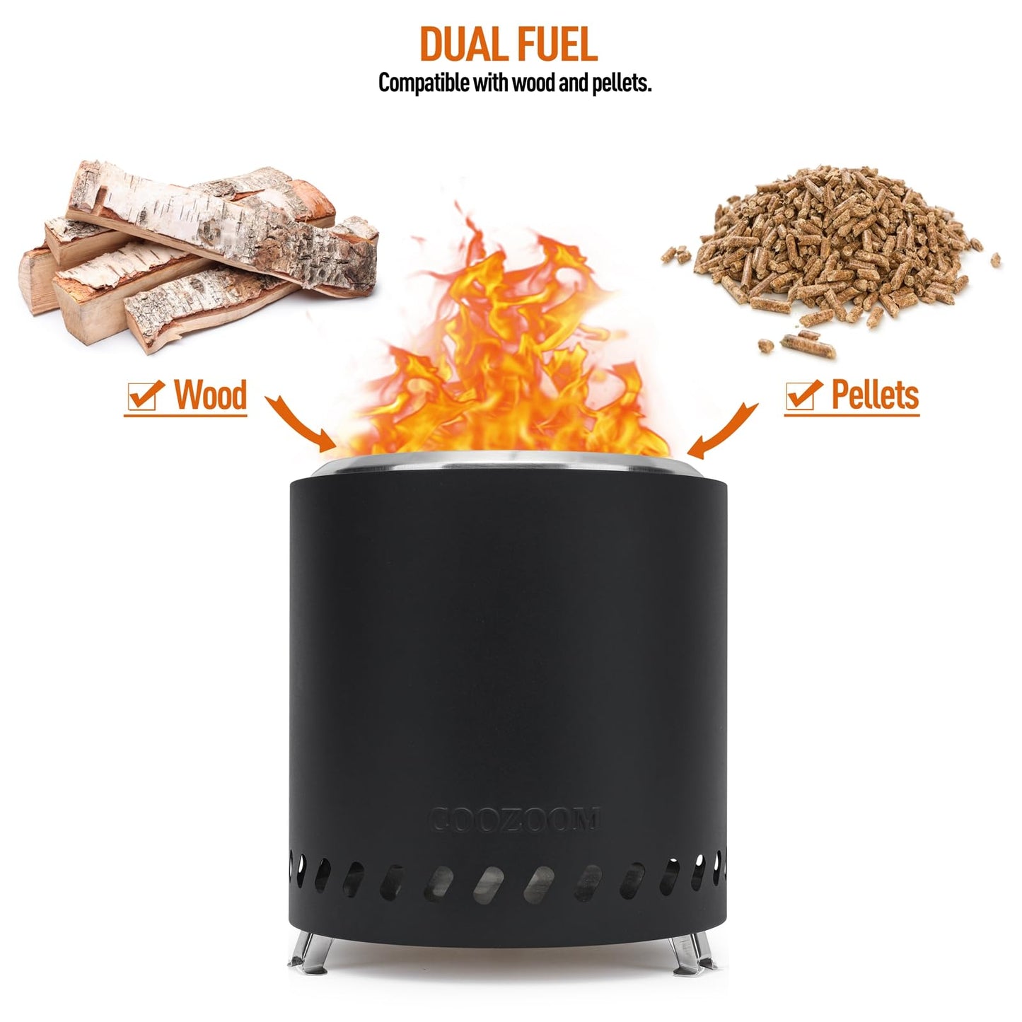 COOZOOM Portable Table Top Fire Pit with Stand, 8.6" Stainless Steel Mini Outdoor Low Smoke Burning Tabletop Firepit Fueled by Pellets or Wood, for Outside Camping Black